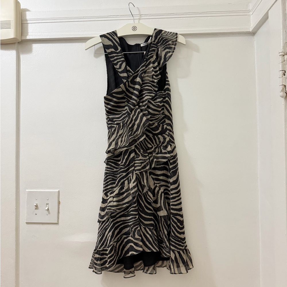Sleeveless Crossover Zebra Print Ruffled Dress - Black & Cream
